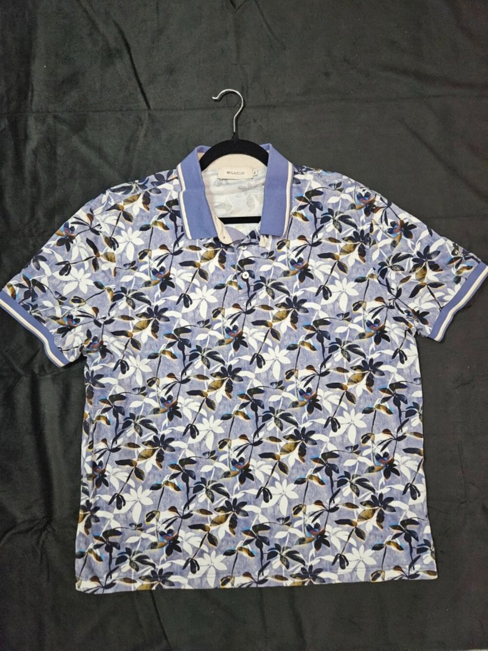 Bugatchi Blue Floral Leaf Print Pima Cotton Short Sleeve Polo Shirt XL 🌴👕